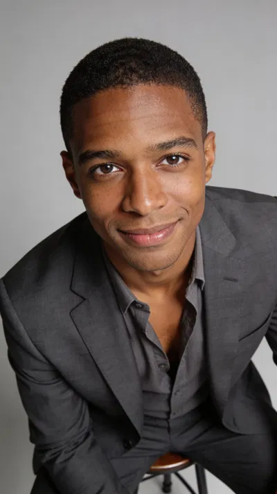 Black man in studio suit headshot with confident, approachable expression