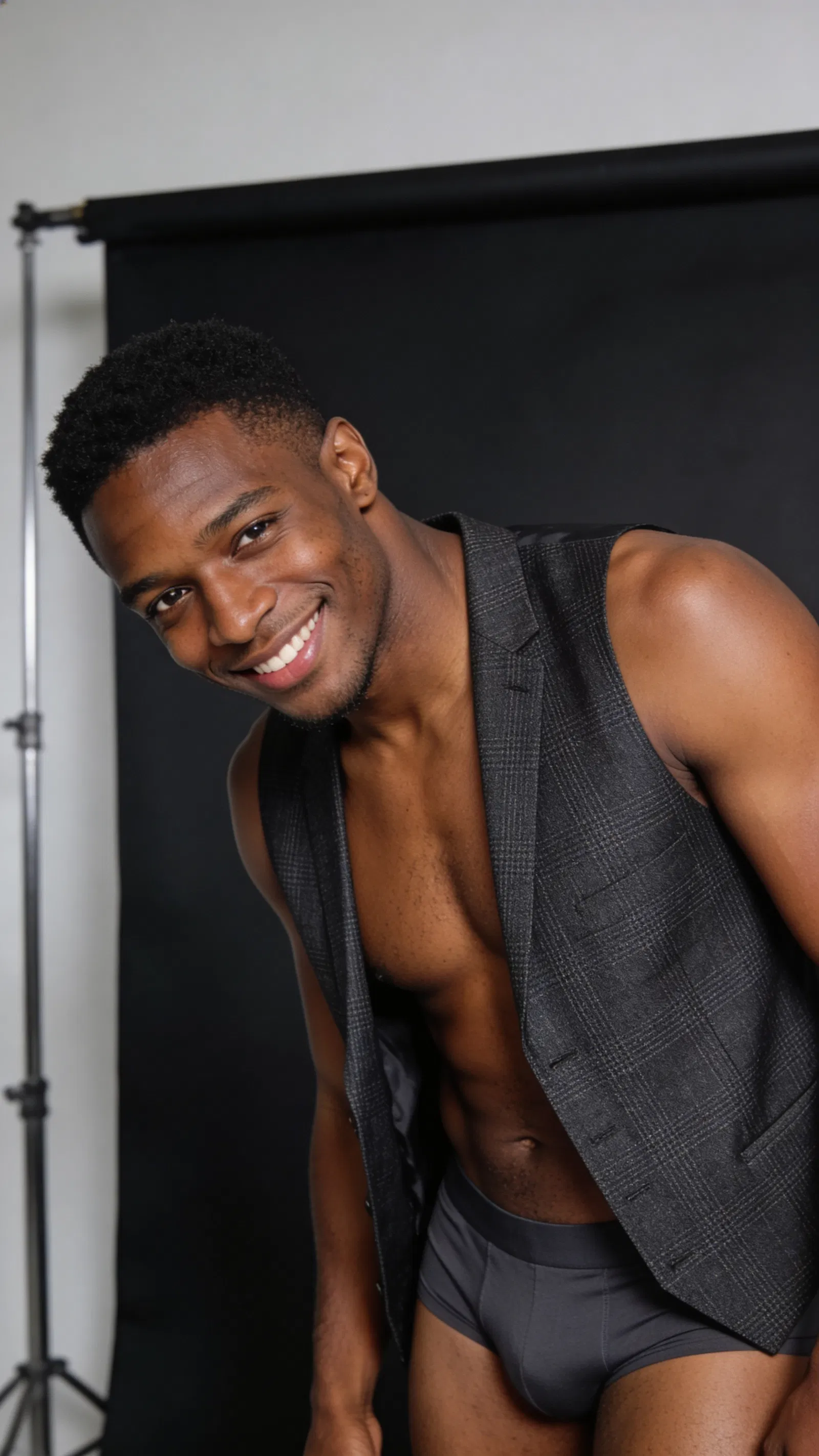 Black man in studio wearing open vest and briefs for classy male boudoir portrait