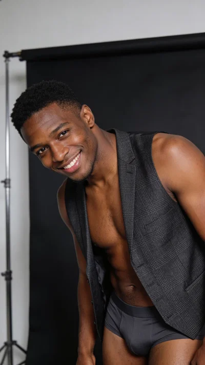 Black man in studio wearing open vest and briefs for classy male boudoir portrait