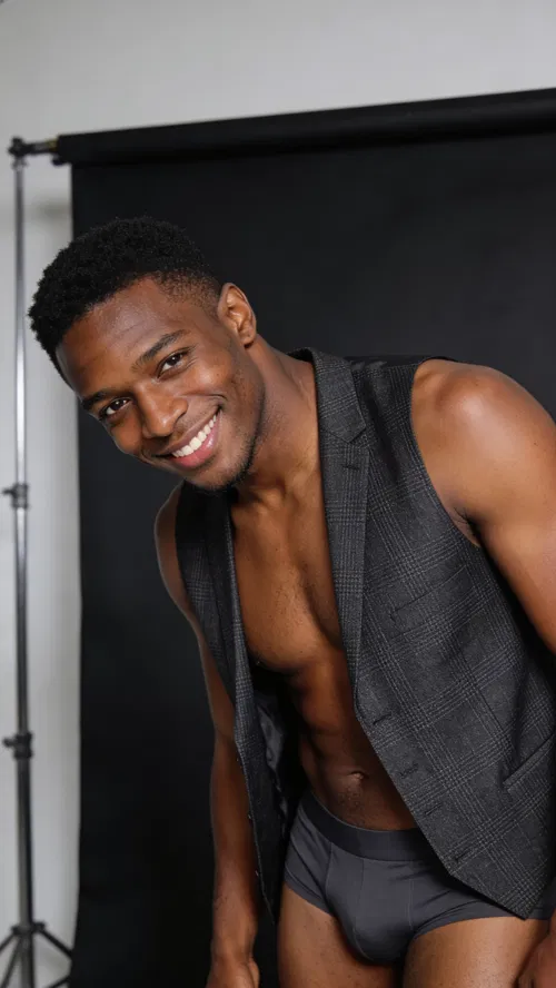 Black man in studio wearing open vest and briefs for classy male boudoir portrait