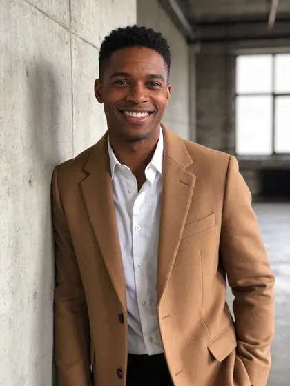 Black man leaning in loft for cinematic editorial portrait
