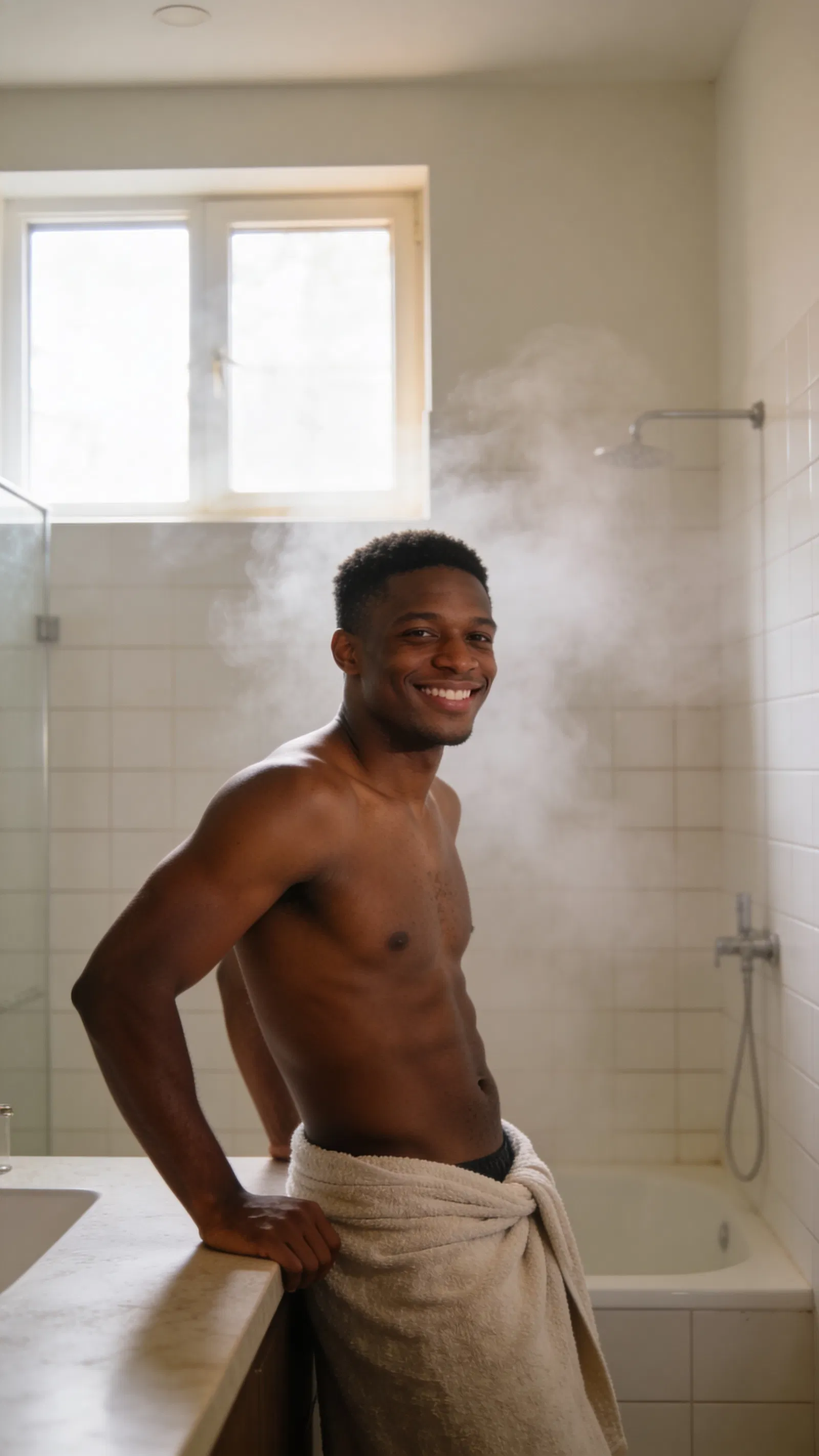 Black man leaning on bathroom counter with towel wrap in tasteful male boudoir photo