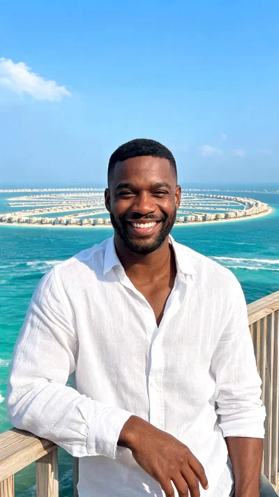 Black man linen-shirt portrait on Palm Jumeirah boardwalk with ocean behind