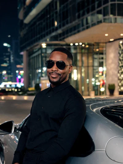 Black man luxury nightlife portrait outside a Dubai hotel with bokeh lights