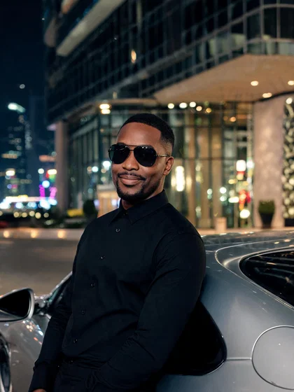 Black man luxury nightlife portrait outside a Dubai hotel with bokeh lights