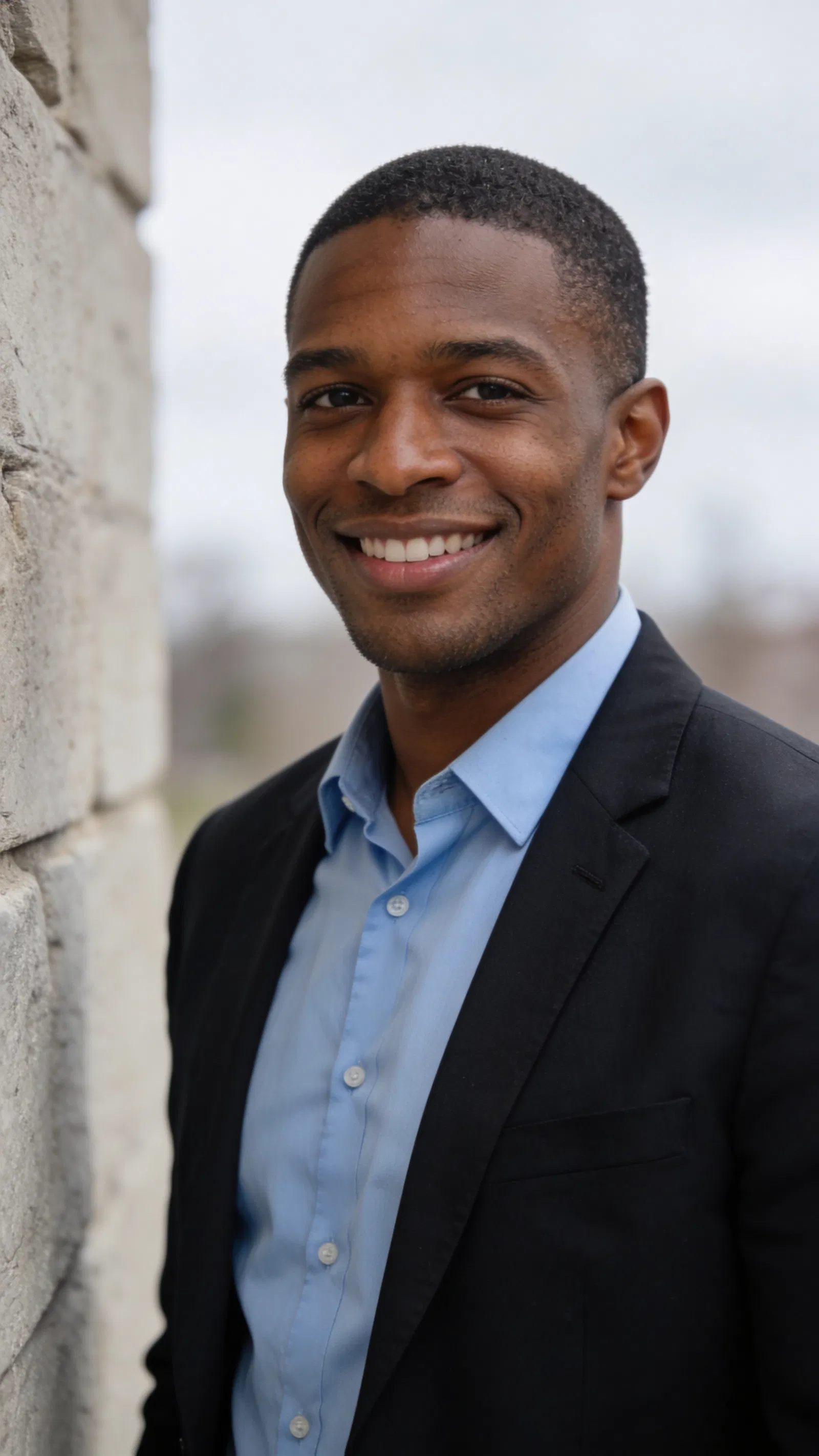 Black man outdoors by stone wall with natural light resume portrait