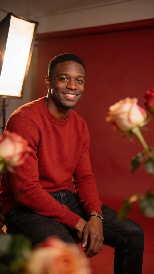 Black man seated in studio on red backdrop with subtle roses.