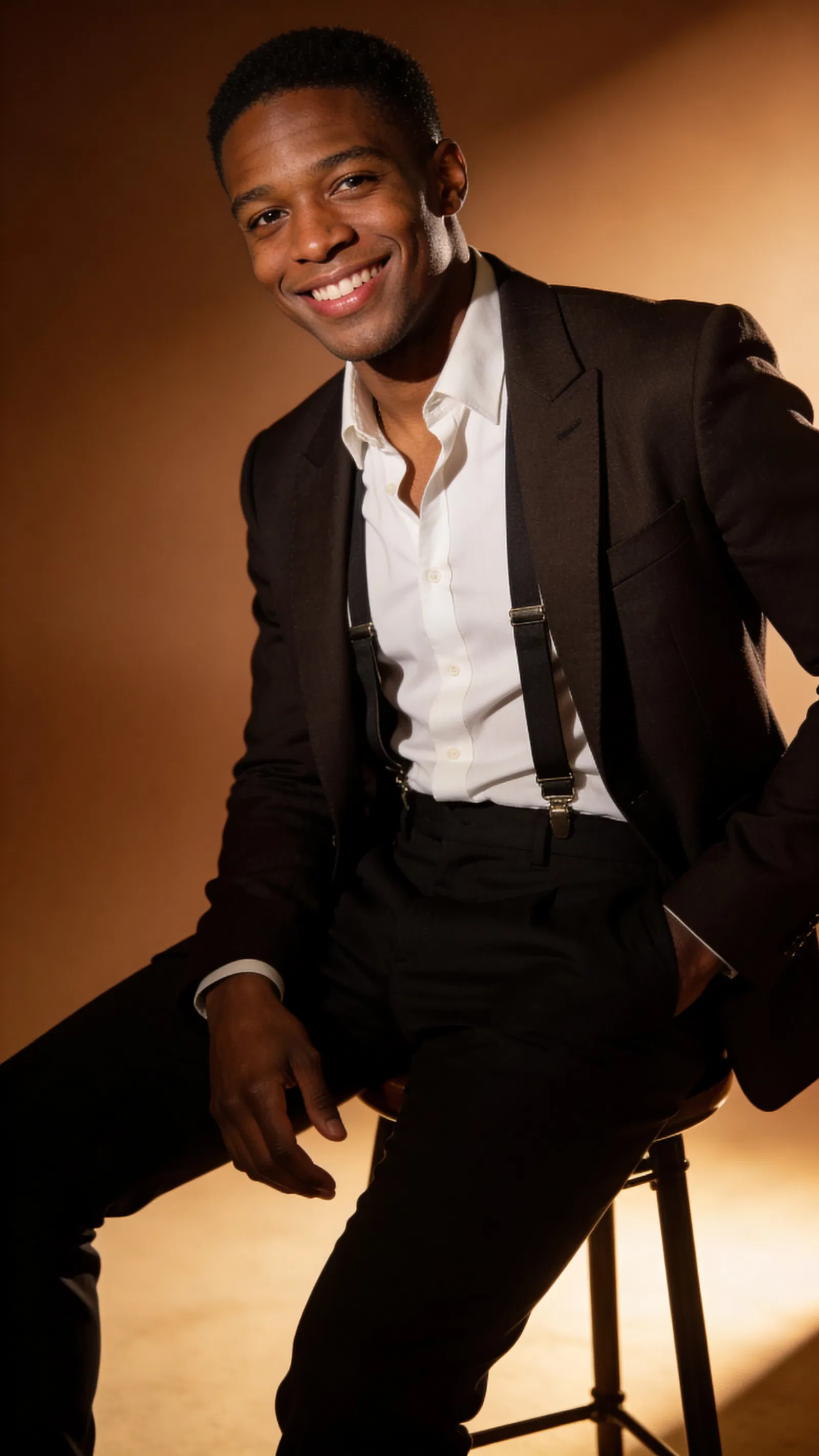Black man seated studio portrait with warm gradient background and timeless classic glamour look