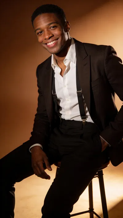 Black man seated studio portrait with warm gradient background and timeless classic glamour look