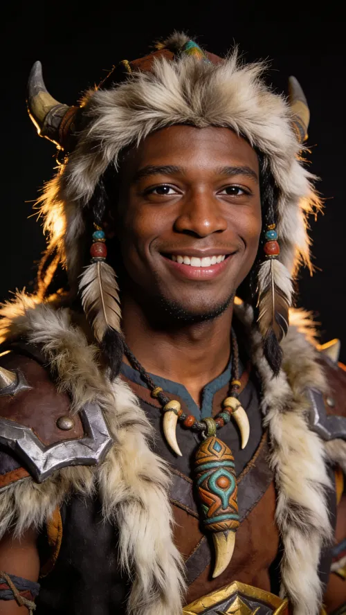 Black man shaman cosplay headshot with dramatic studio lighting.