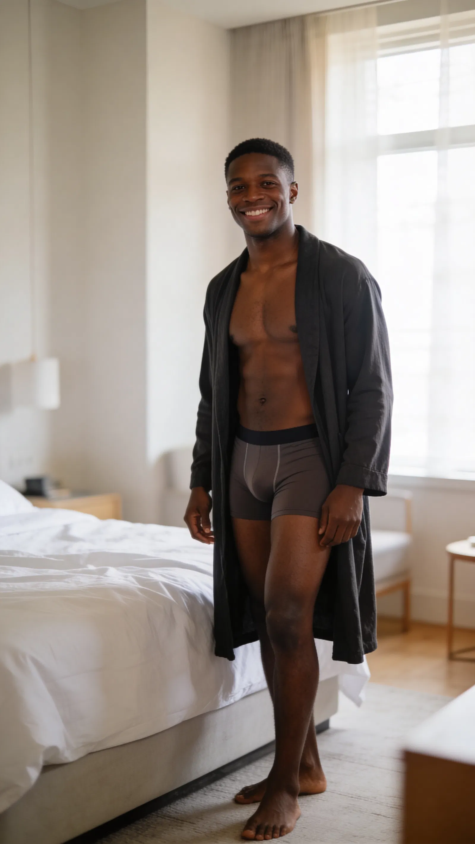 Black man standing in bedroom in tasteful male boudoir photo, soft morning light