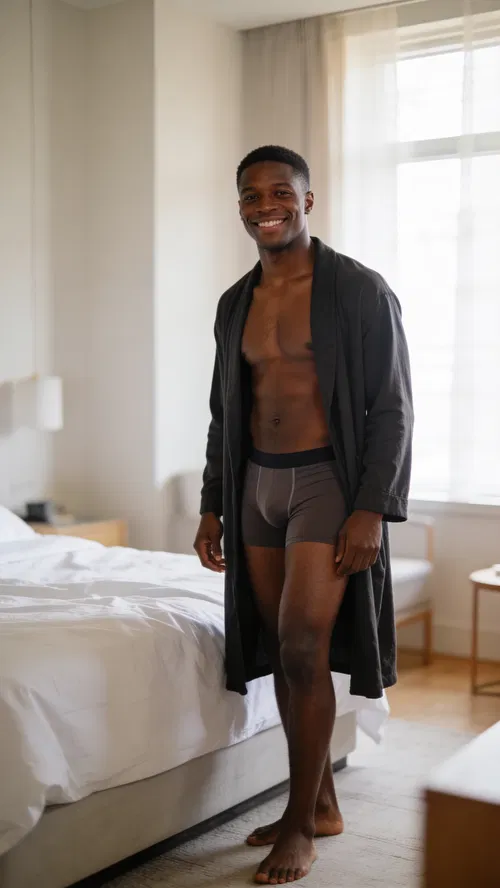 Black man standing in bedroom in tasteful male boudoir photo, soft morning light