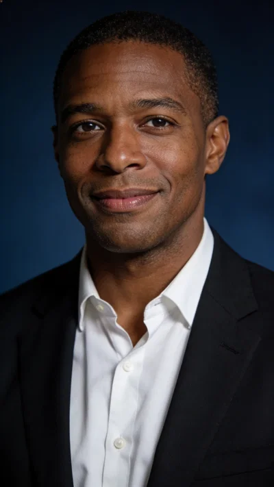 Black man studio headshot, authoritative yet approachable professional portrait