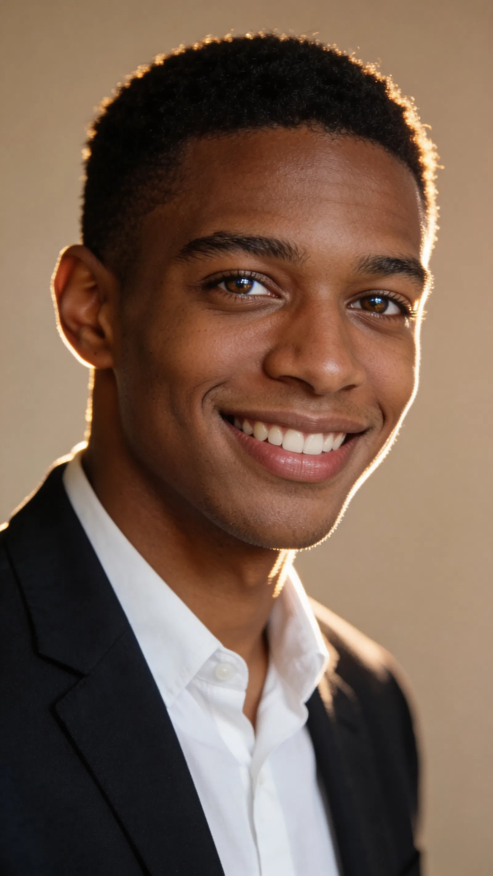 Black man studio headshot, warm neutral background polished professional AI headshots