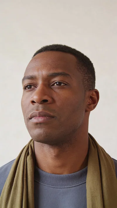 Black man studio headshot with scarf, clean travel branding look.