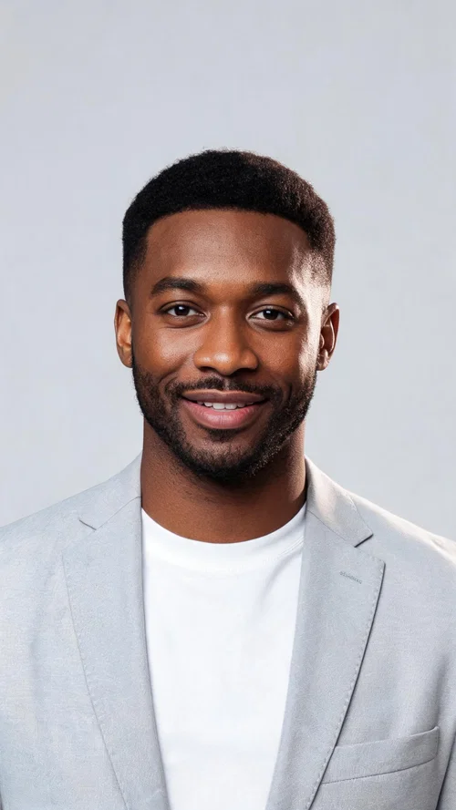 Black man studio portrait in blazer, confident AI glow-up looksmaxxing style