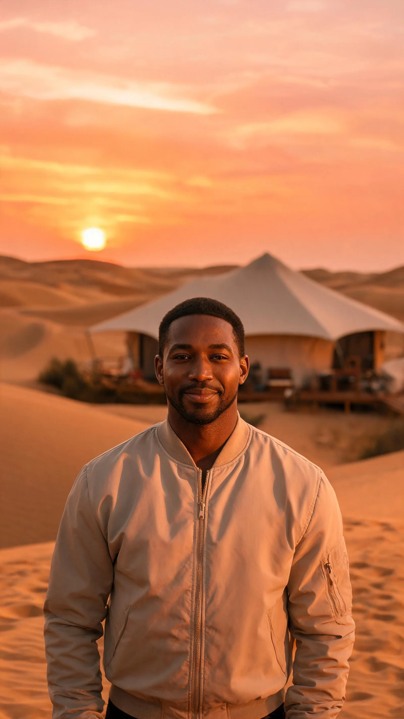 Black man sunset desert portrait near luxury camp outside Dubai