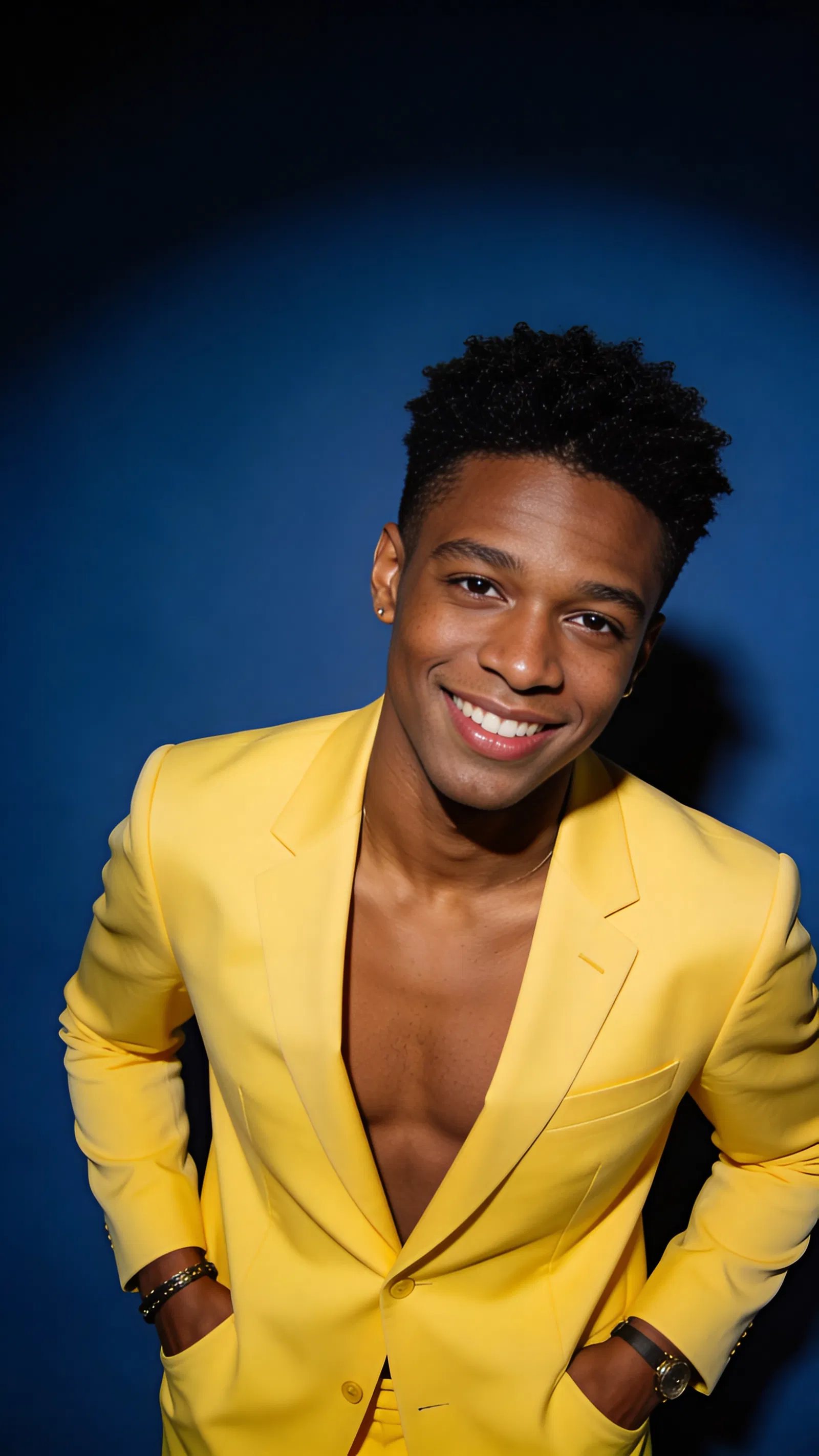 Black man three-quarter studio editorial portrait in monochrome suit