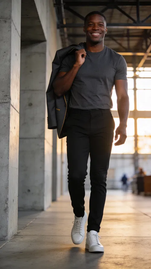 Black man walking in industrial hallway full-body branding photo