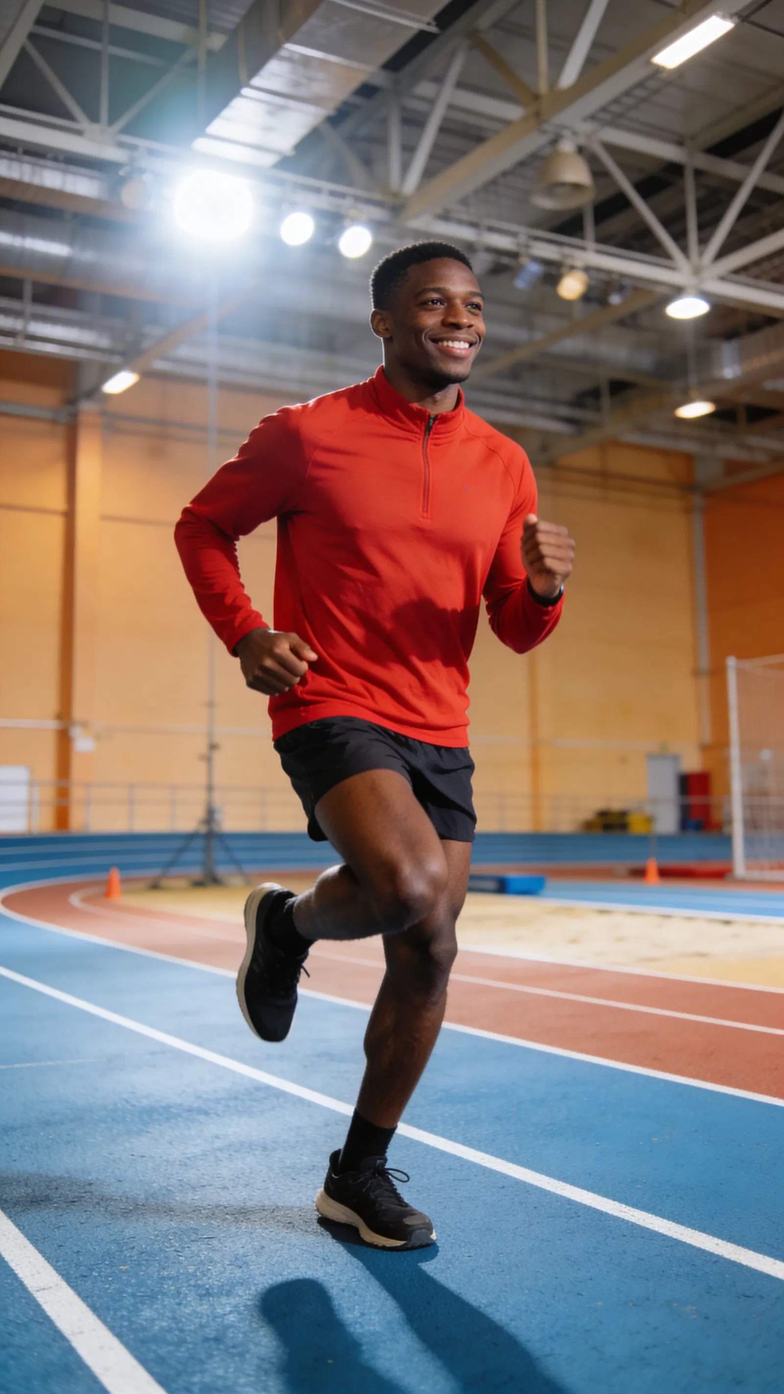 Black man warming up on indoor track for instant fitness photos online