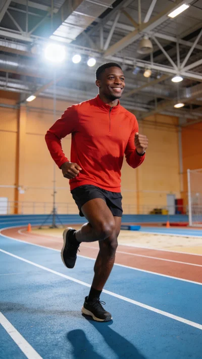 Black man warming up on indoor track for instant fitness photos online