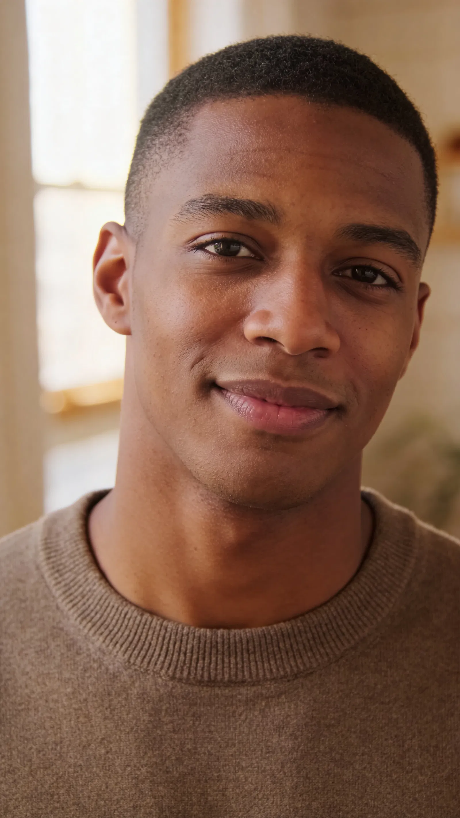 Black man window-light headshot, subtle smile, authentic dating profile photo.