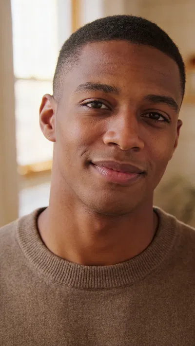 Black man window-light headshot, subtle smile, authentic dating profile photo.