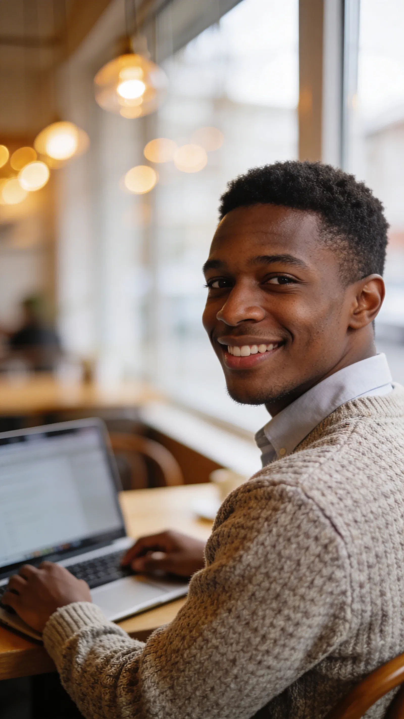 Black man working in café half-body personal brand photo