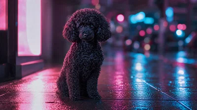 Black poodle night portrait with neon reflections, soft storefront key, and vivid magenta-cyan film grade.