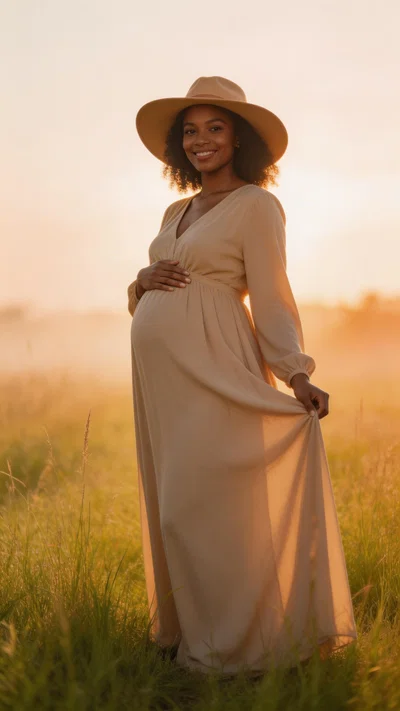 Black pregnant woman in a field at golden hour wearing a long dress