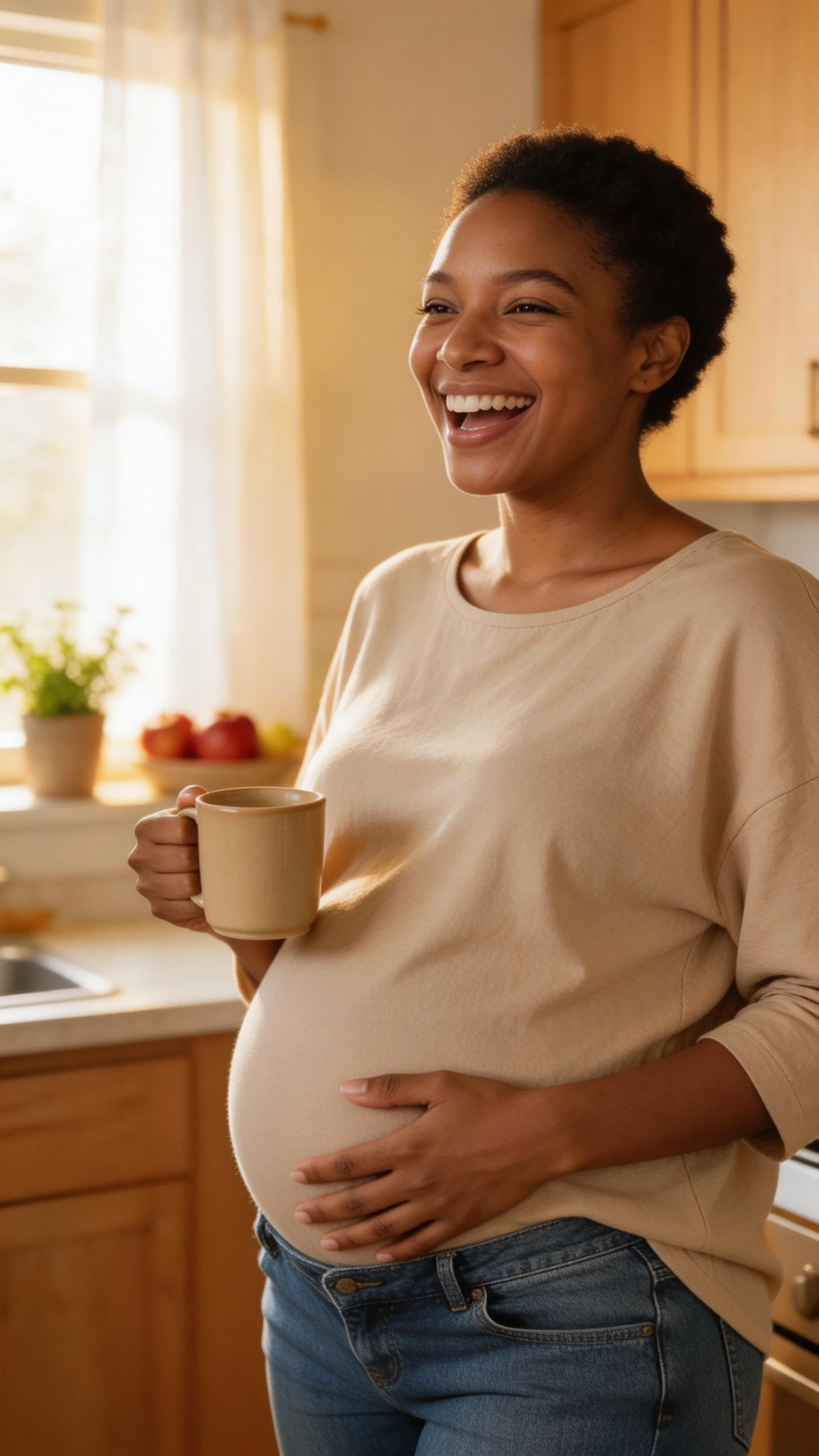 Black pregnant woman laughing in a bright kitchen lifestyle shot