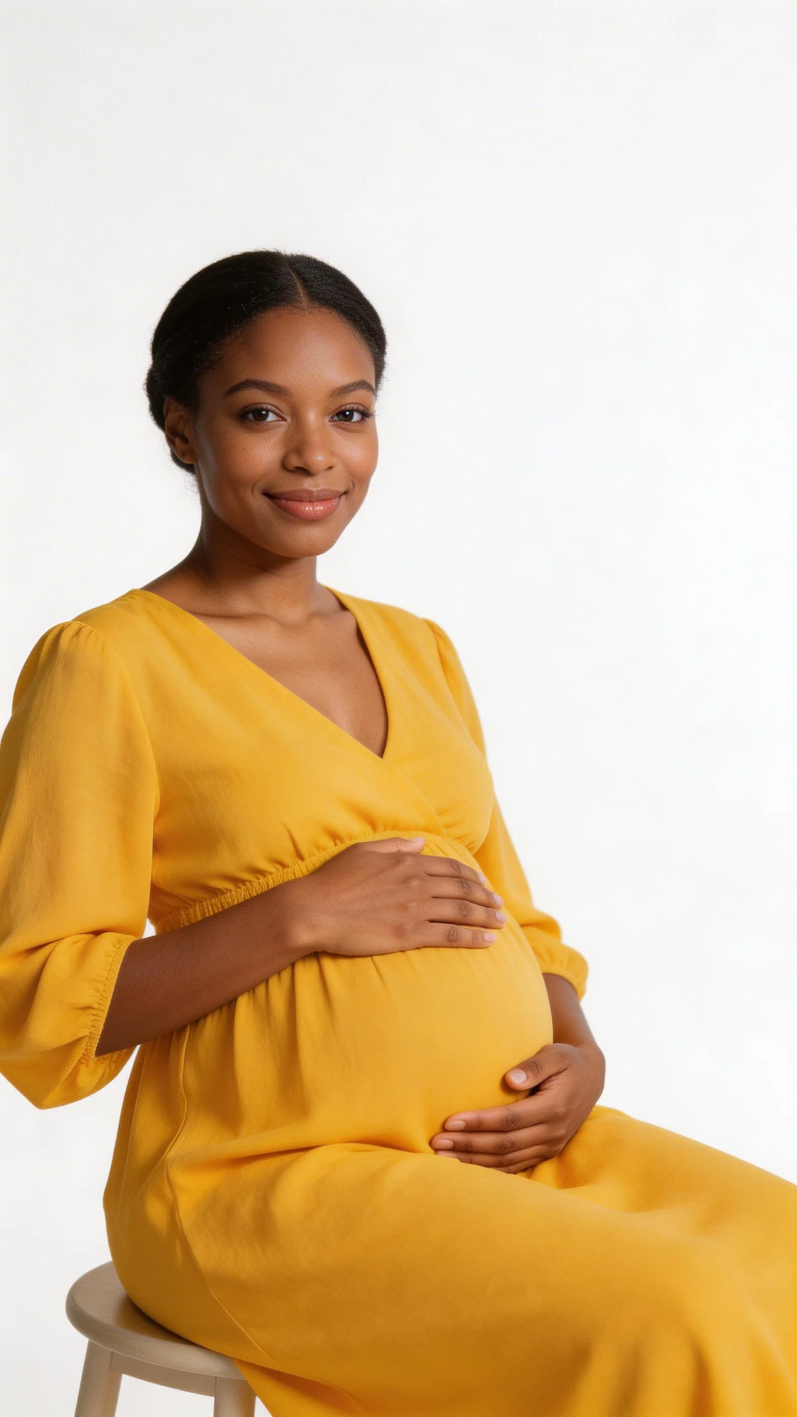 Black pregnant woman seated in studio wearing a bright yellow dress