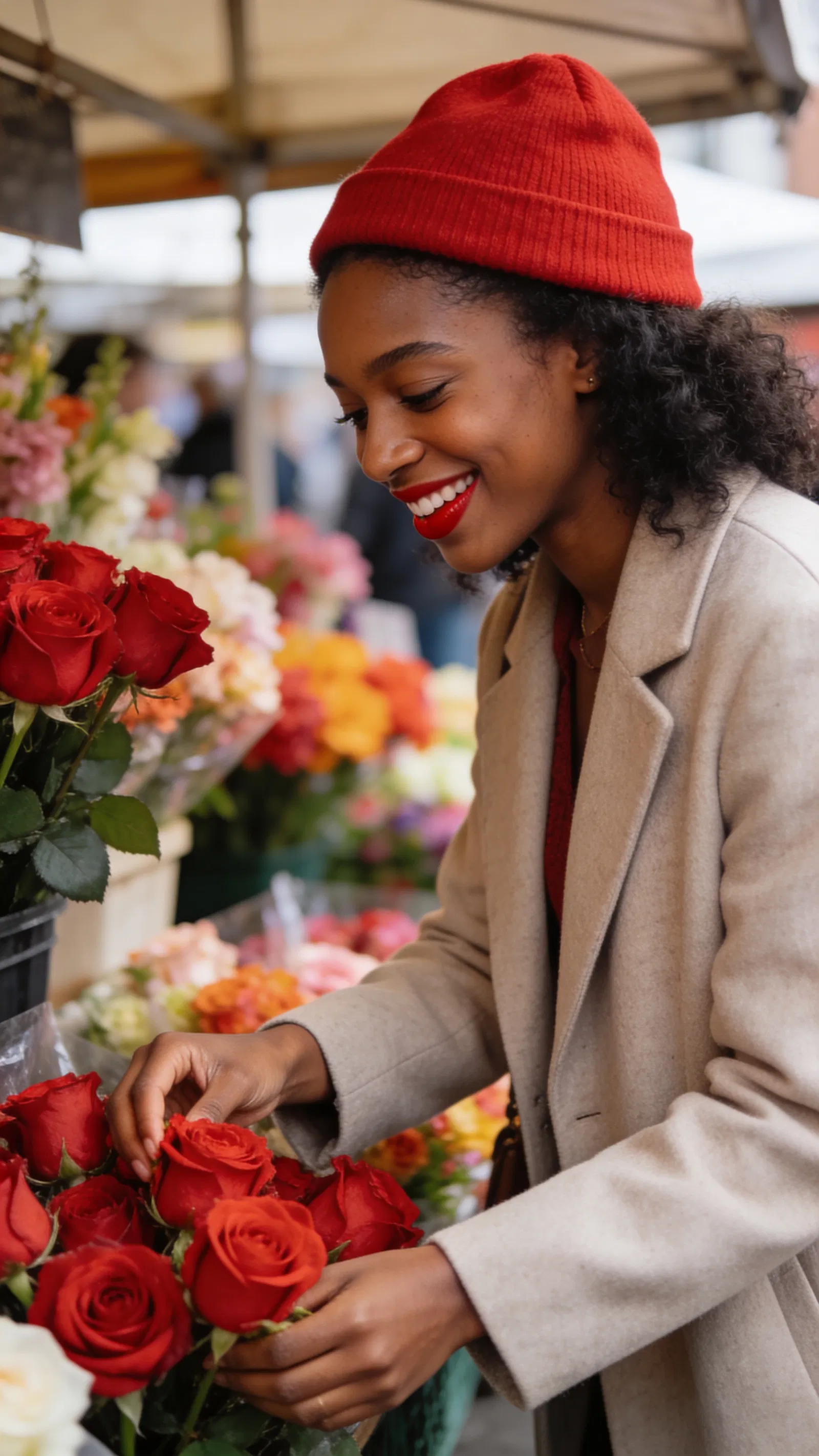 Black woman at flower market choosing red roses, joyful expression.