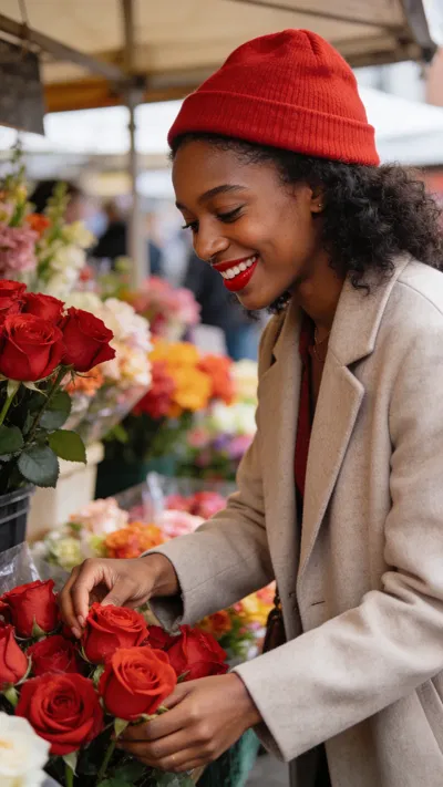 Black woman at flower market choosing red roses, joyful expression.