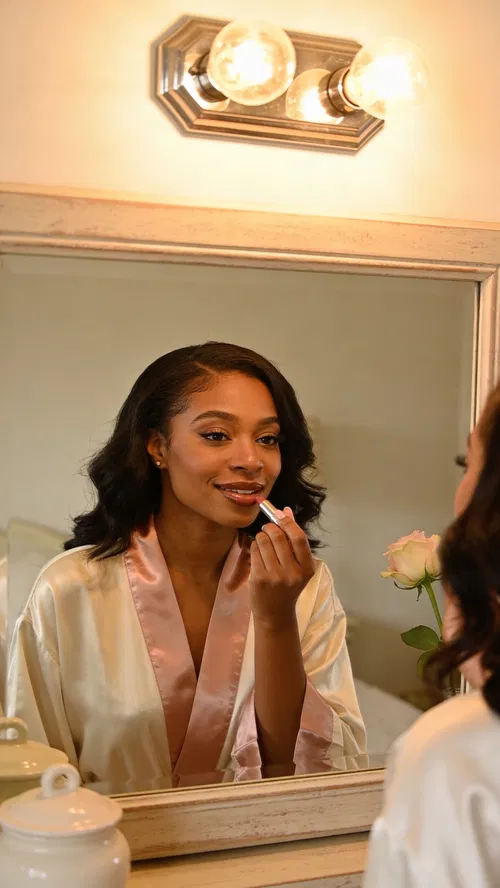 Black woman at mirror in robe, at-home boudoir session portrait