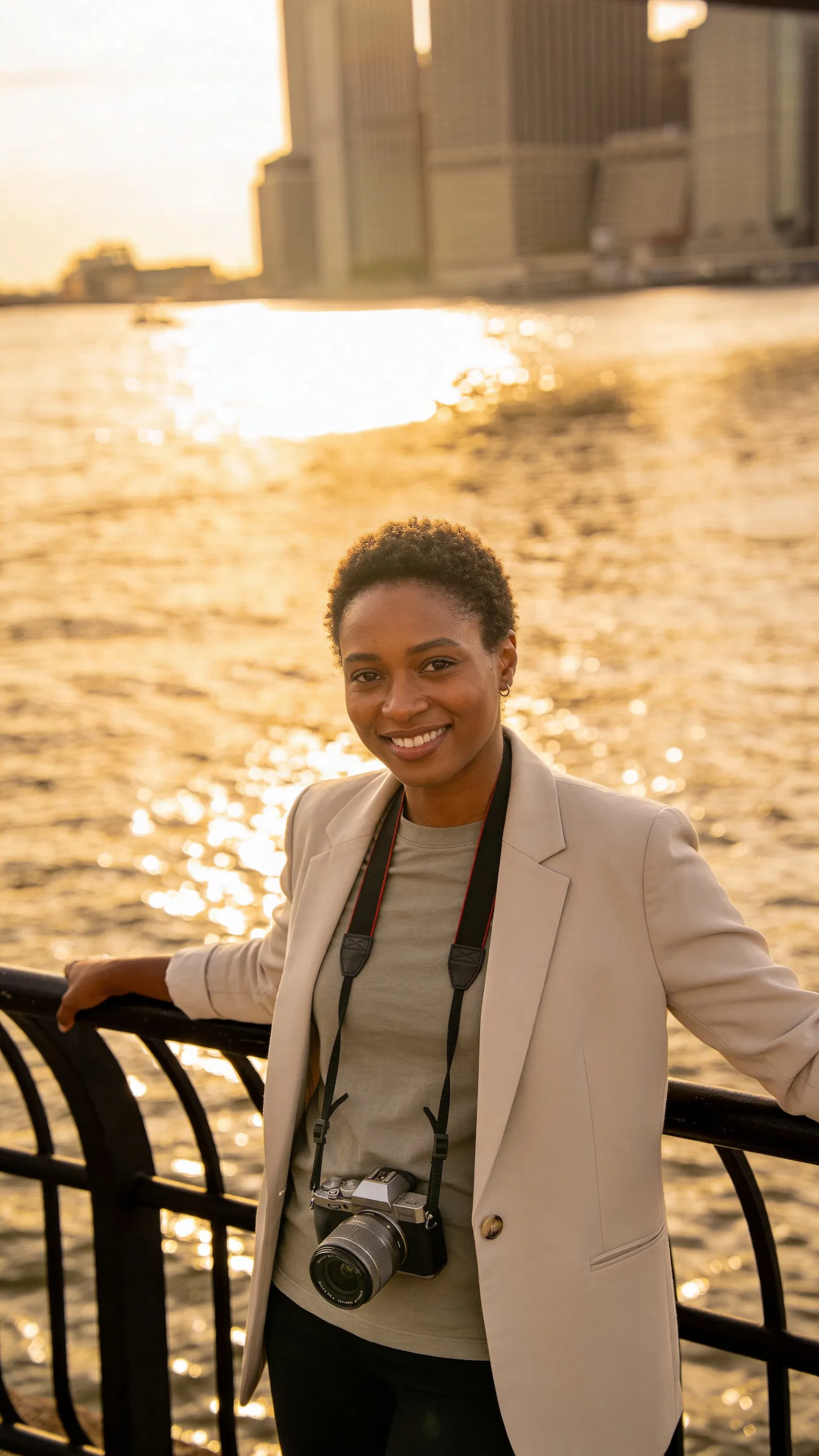Black woman at waterfront with camera, golden hour travel portrait.