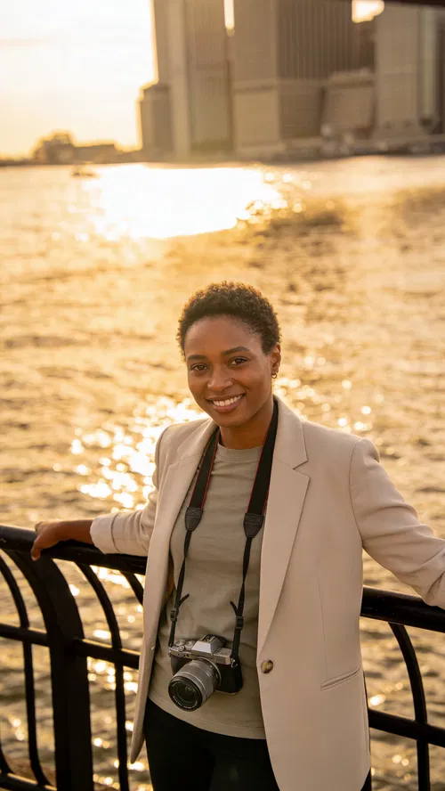 Black woman at waterfront with camera, golden hour travel portrait.