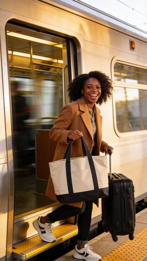 Black woman boarding a train with carry-on, confident travel lifestyle image.