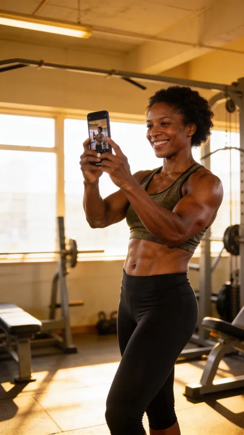 Black woman bodybuilder half-body gym portrait reviewing progress photo on phone