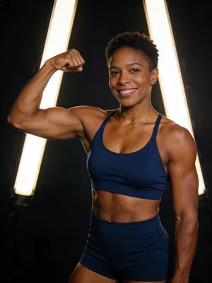 Black woman bodybuilder half-body portrait with tasteful front biceps pose