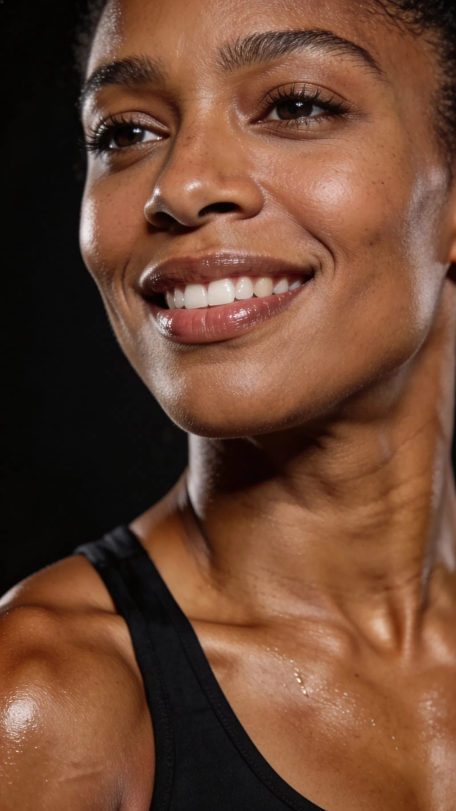 Black woman bodybuilder studio close portrait with defined shoulders