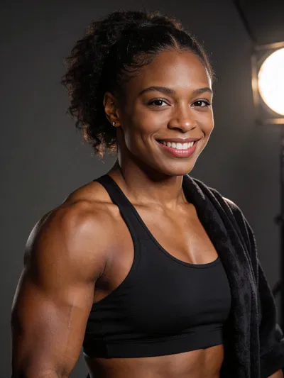Black woman bodybuilder studio portrait with confident smile