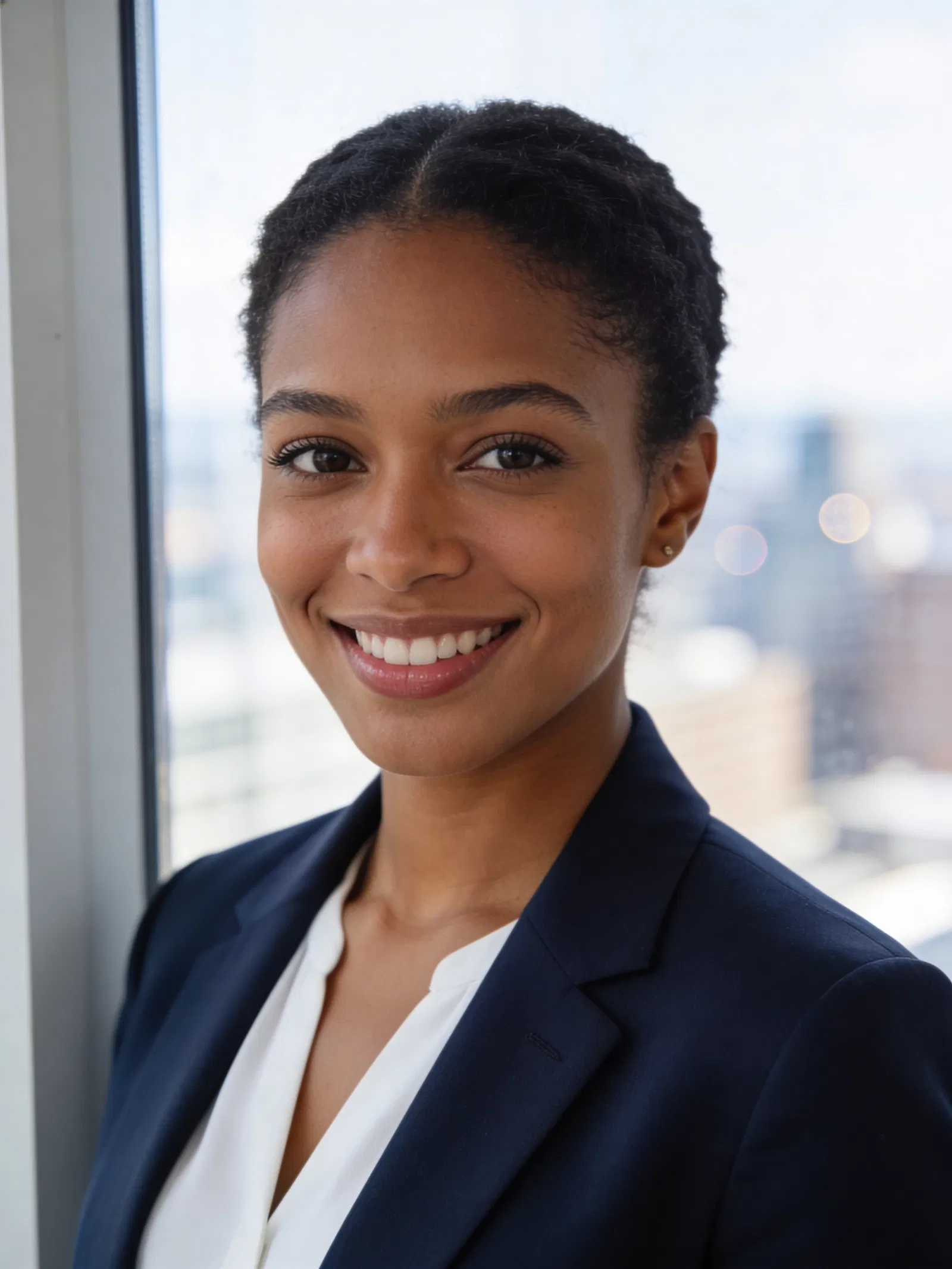 Black woman by office window with confident LinkedIn-ready headshot