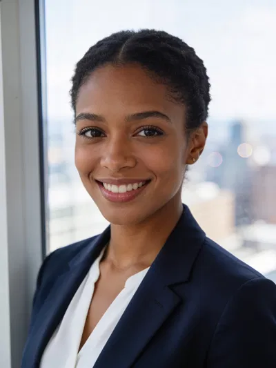Black woman by office window with confident LinkedIn-ready headshot