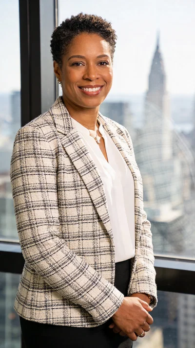 Black woman by office window with skyline for executive LinkedIn headshot