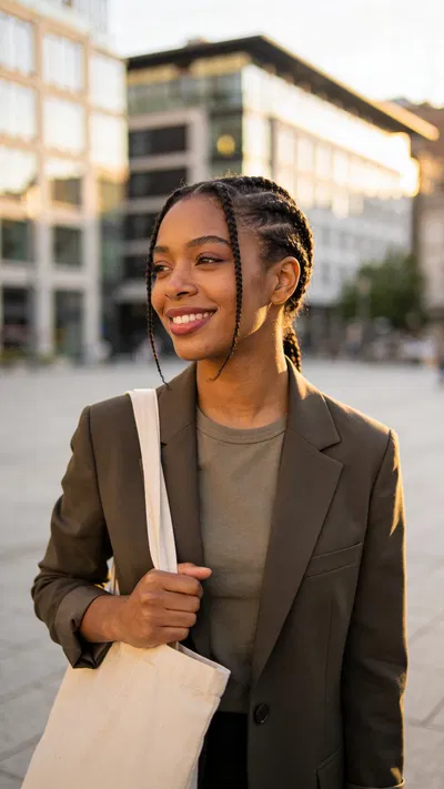 Black woman city plaza half-body portrait with blazer and confident smile
