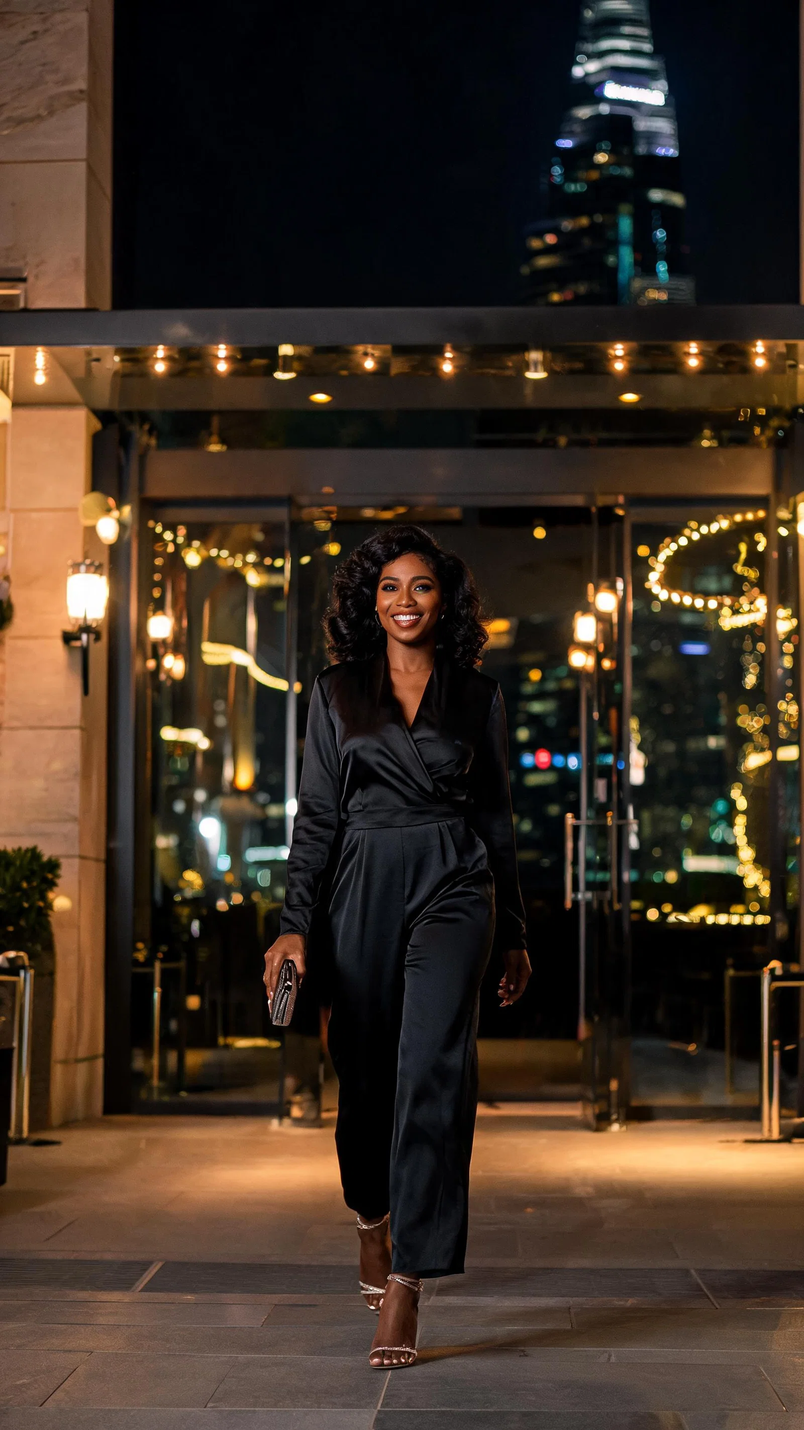 Black woman entering Dubai nightlife venue in evening jumpsuit, confident pose