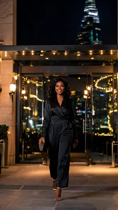 Black woman entering Dubai nightlife venue in evening jumpsuit, confident pose