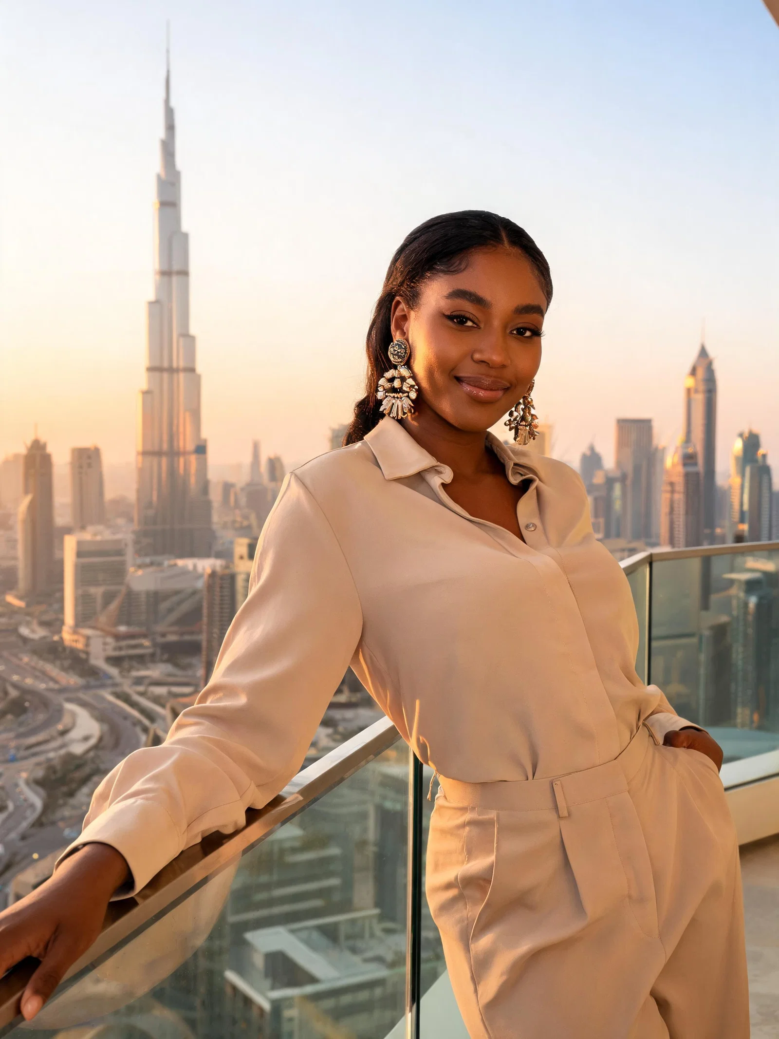 Black woman fashion portrait on Dubai skyline balcony at sunset