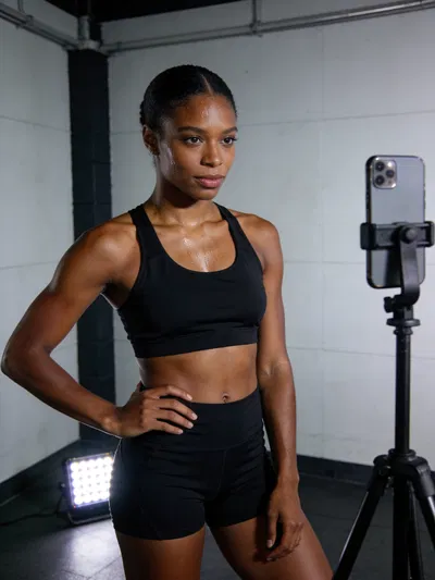 Black woman filming an Instagram fitness Reel with tripod setup